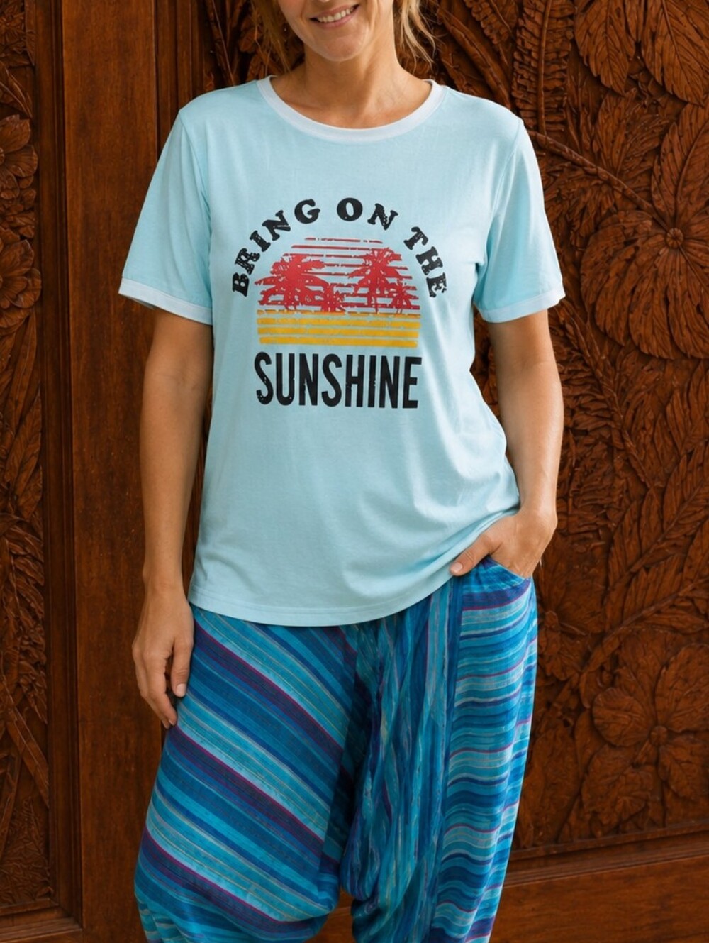Retro Bring On The Sunshine Graphic Ringer Tee Aqua Blue Beach Palm Tree Top Med